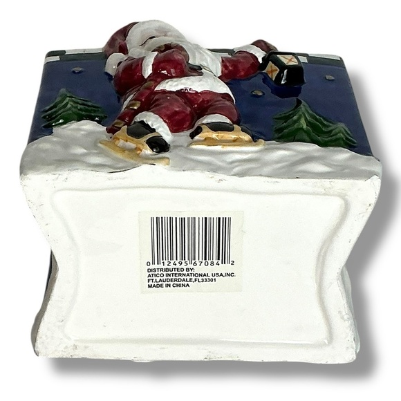 Vintage Ceramic Gift Bag Decorative Skating Santa Blue Christmas Holiday Theme - Picture 5 of 16